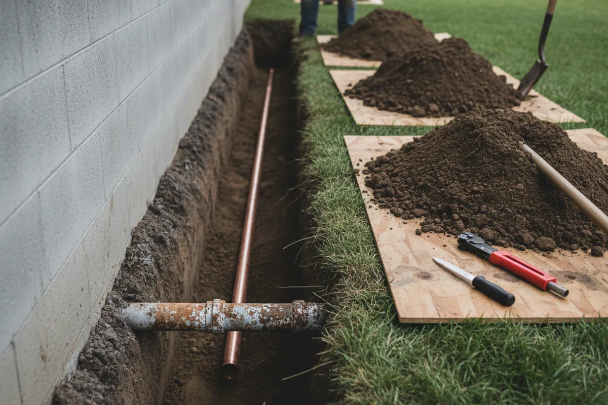 Excavated water line trench during Water Softener Installation in Bristol